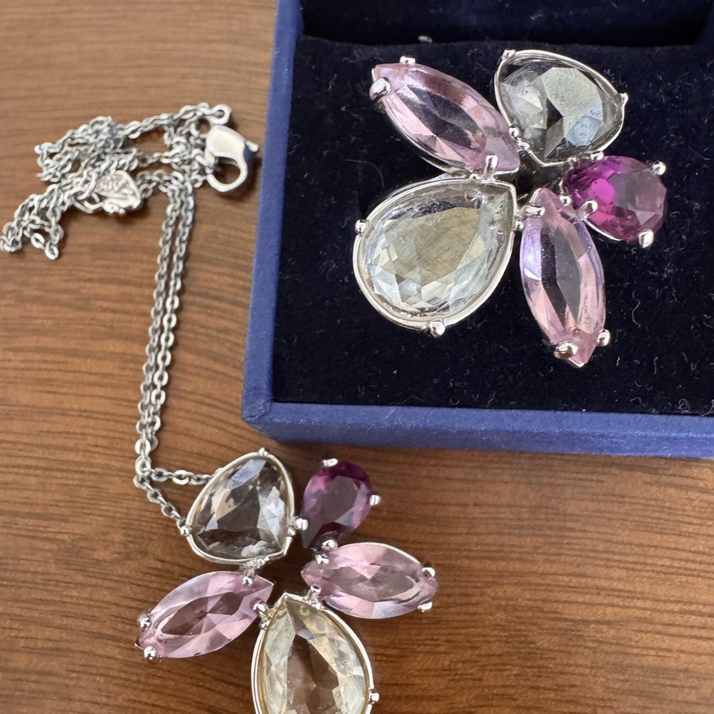Swarovski Multicolor Crystal Flower Rhodium Plated Pendant Necklace & Ring Set